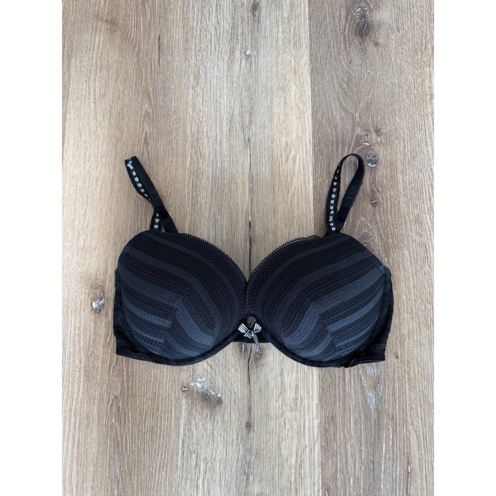 Victoria's Secret Goth Push Up Bra Women 36DD Black Striped Lace Underwire